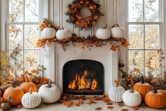 Gatsby Autumn White Fireplace Maple Leaves Photography Backdrop Gbsx-01146