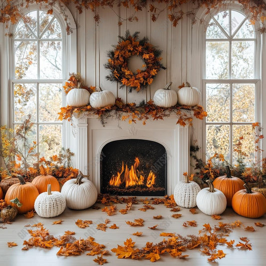 Gatsby Autumn White Fireplace Maple Leaves Photography Backdrop Gbsx-01146