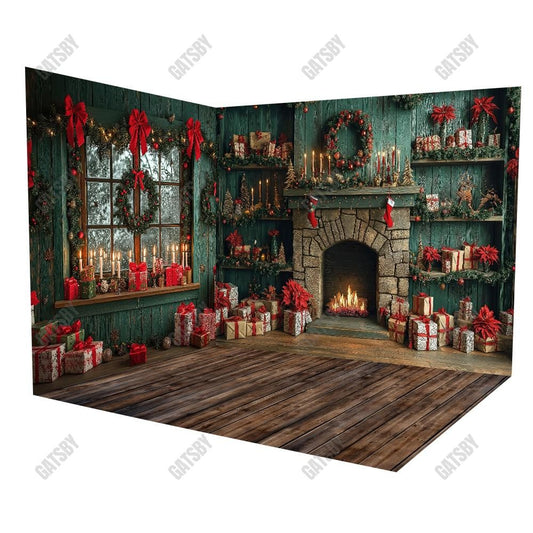 Gatsby Christmas Green Aged Cabinets Fireplace Window Room Set Backdrop Gbsx-01076&Gbsx-01075&Ym8G-B0505