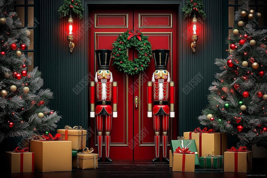 Gatsby Nutcracker Snow Christmas Red House Door Photography Backdrop Gbsx-01103