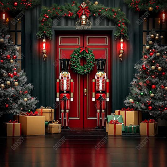 Gatsby Nutcracker Snow Christmas Red House Door Photography Backdrop Gbsx-01103
