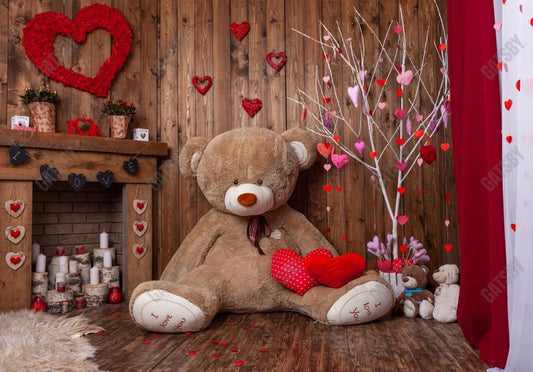 Gatsby Romantic Valentine Room Fireplace Teddy Bear Photography Backdrop Gbsx-01233