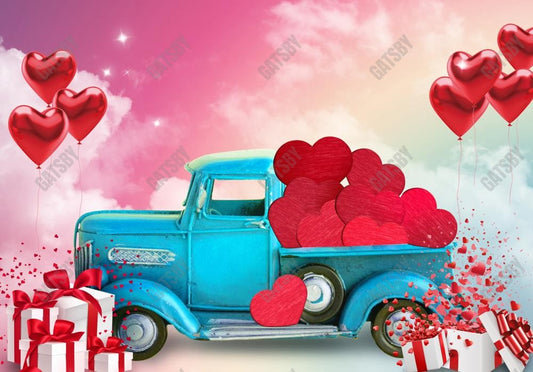 Gatsby Valentine Blue Truck With Hearts Photography Backdrop Gbsx-01276