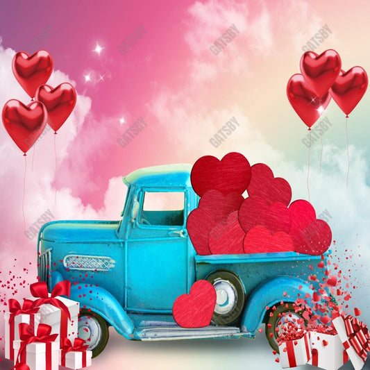 Gatsby Valentine Blue Truck With Hearts Photography Backdrop Gbsx-01276