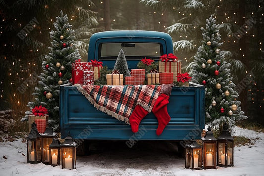 Gatsby Vintage Christmas Blue Truck Trees Photography Backdrop Gbsx-01127