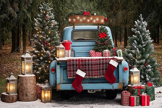 Gatsby Vintage Christmas Blue Truck Trees Photography Backdrop Gbsx-01128