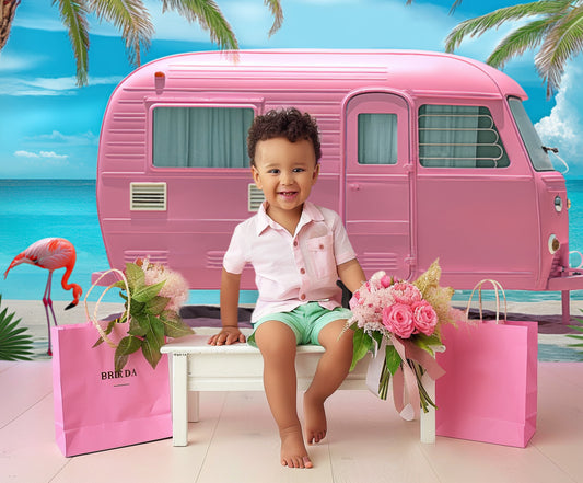 Pink Summer Beach Van Backdrop