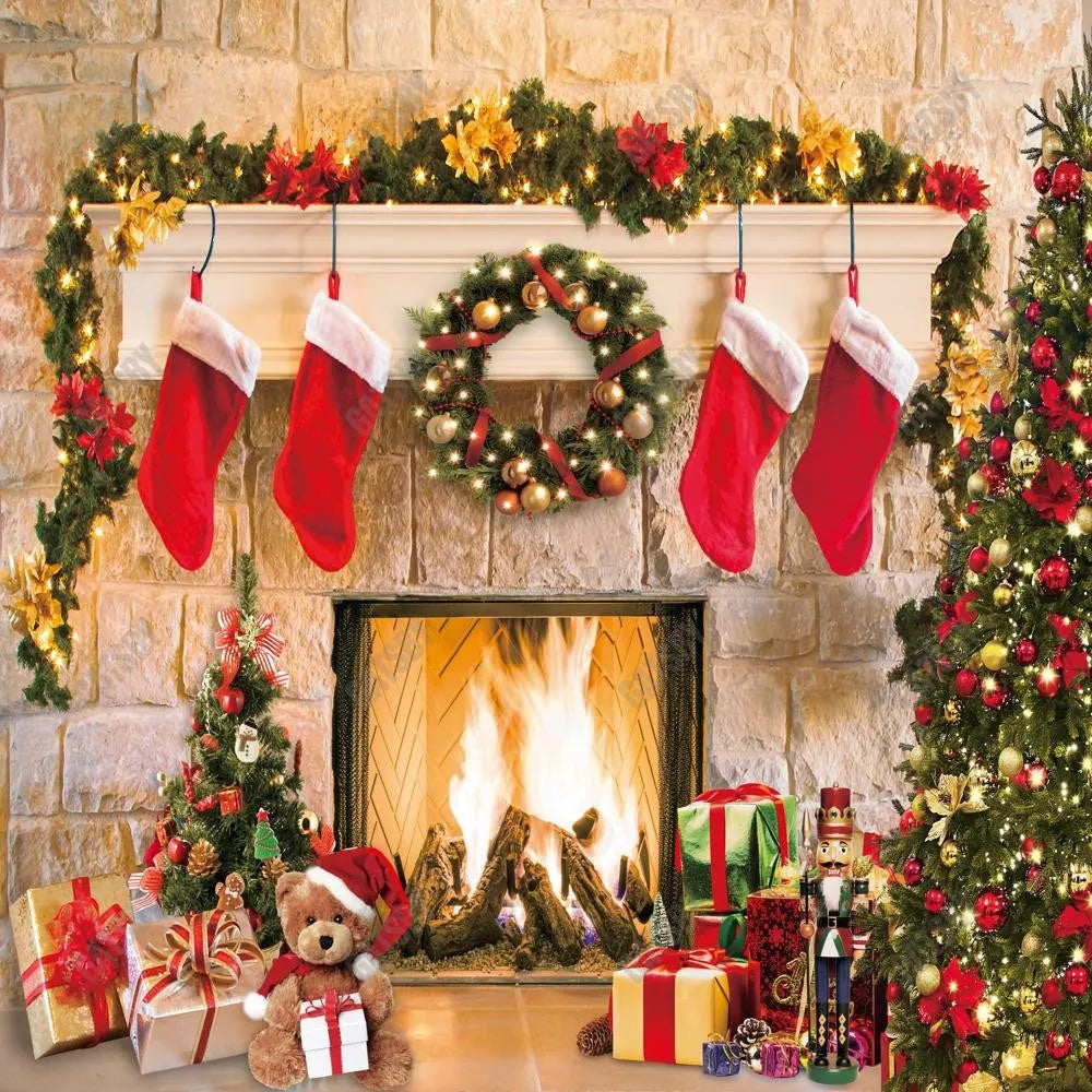 Christmas Fireplace Photography Backdrop GBSX-99685 - Gatsby Backdrop