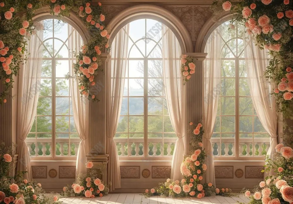 Creamy Colored Floral Arch Windows Backdrop - Gatsby Backdrop