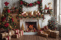 Gatsby Christmas Interior White Brick Fireplace Photography Backdrop Gbsx-00655 - Gatsby Backdrop