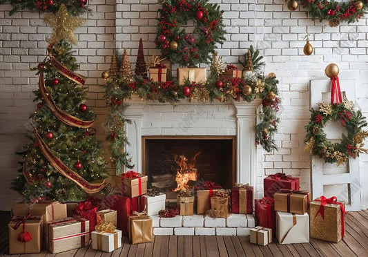 Gatsby Christmas Interior White Brick Fireplace Photography Backdrop Gbsx-00656 - Gatsby Backdrop