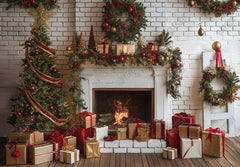 Gatsby Christmas Interior White Brick Fireplace Photography Backdrop Gbsx-00656 - Gatsby Backdrop