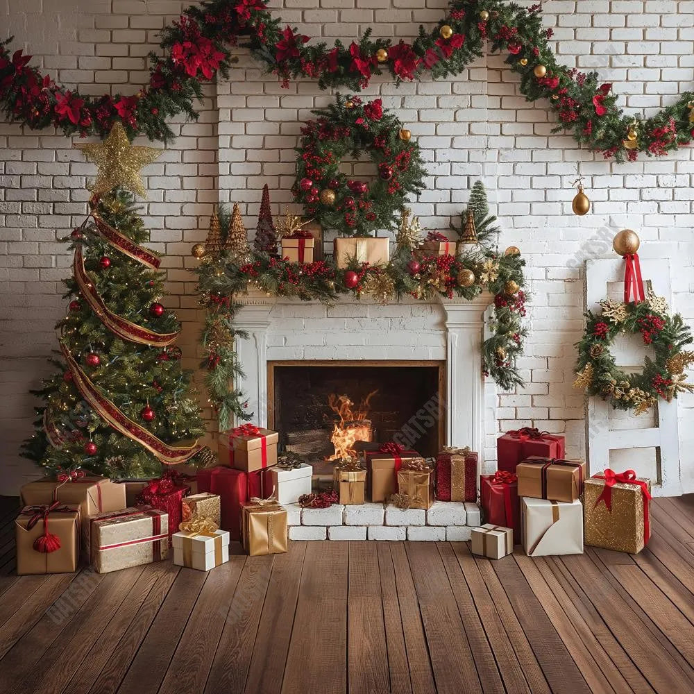 Gatsby Christmas Interior White Brick Fireplace Photography Backdrop Gbsx-00656 - Gatsby Backdrop