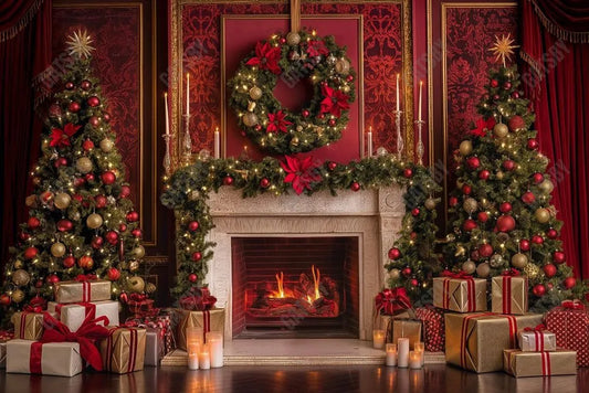 Gatsby Christmas Red Retro Fireplace Photography Backdrop Gbsx-00705 - Gatsby Backdrop
