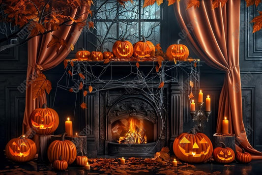 Gatsby Fall Halloween Pumpkin Black Fireplace Photography Backdrop Gbsx-00863 - Gatsby Backdrop