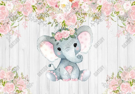 Gatsby Rustic White Wood Floral Elephant Photography Backdrop Gbsx-00498 - Gatsby Backdrop