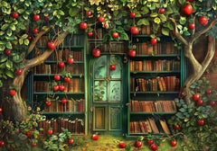 Library Filled With Books and Red Apples Backdrop - Gatsby Backdrop