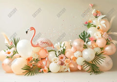 Pastel Pink Flamingo Floral Cream Balloons Backdrop - Gatsby Backdrop