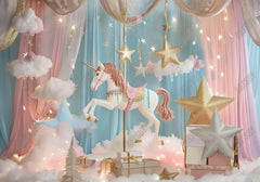Pink and Pastel Blue Unicorn Carousel Backdrop - Gatsby Backdrop
