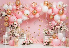 Pink Balloons Flower Cake Smash Backdrop - Gatsby Backdrop