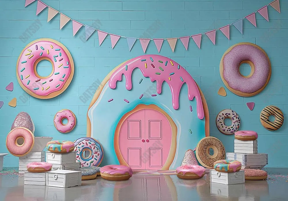 Pink Donut House Blue Backdrop - Gatsby Backdrop