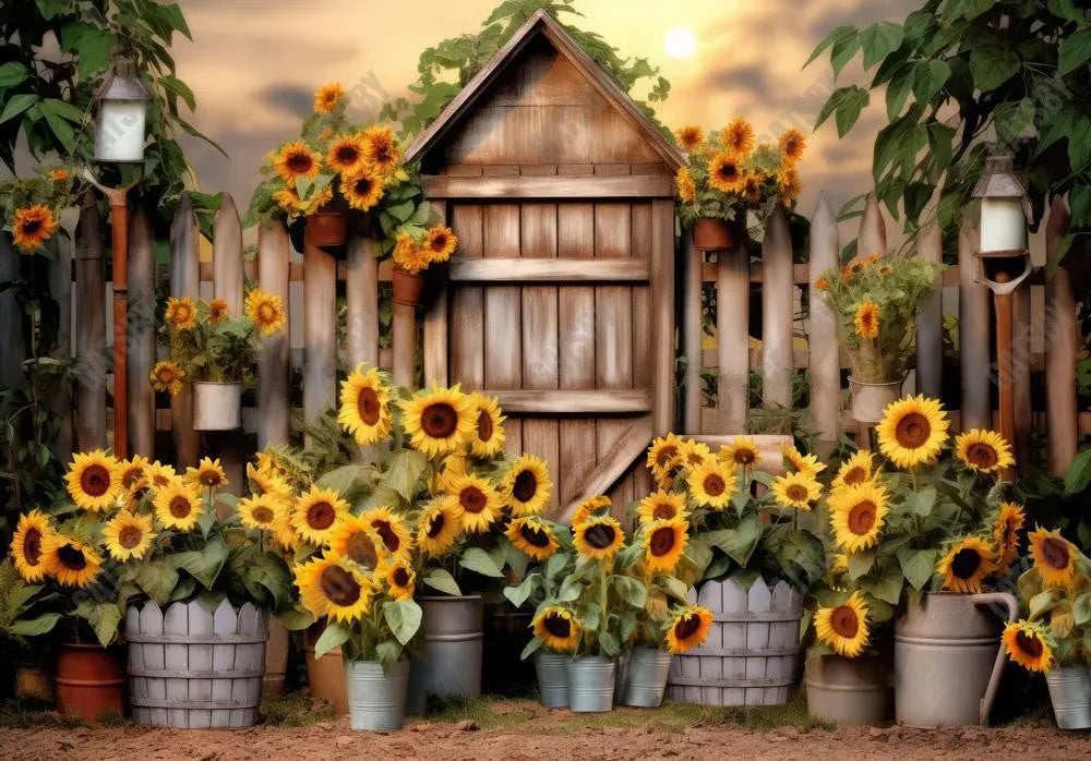Potted Sunflower Wooden Shed Backdrop - Gatsby Backdrop
