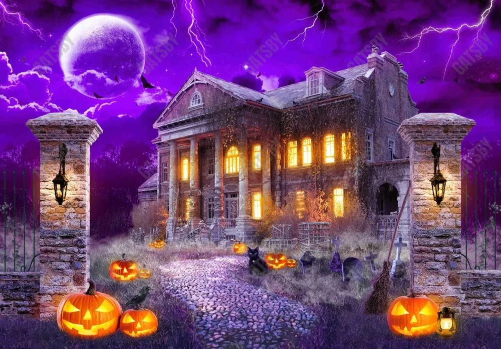 Purple Halloween Haunted House Photo Backdrop - Gatsby Backdrop