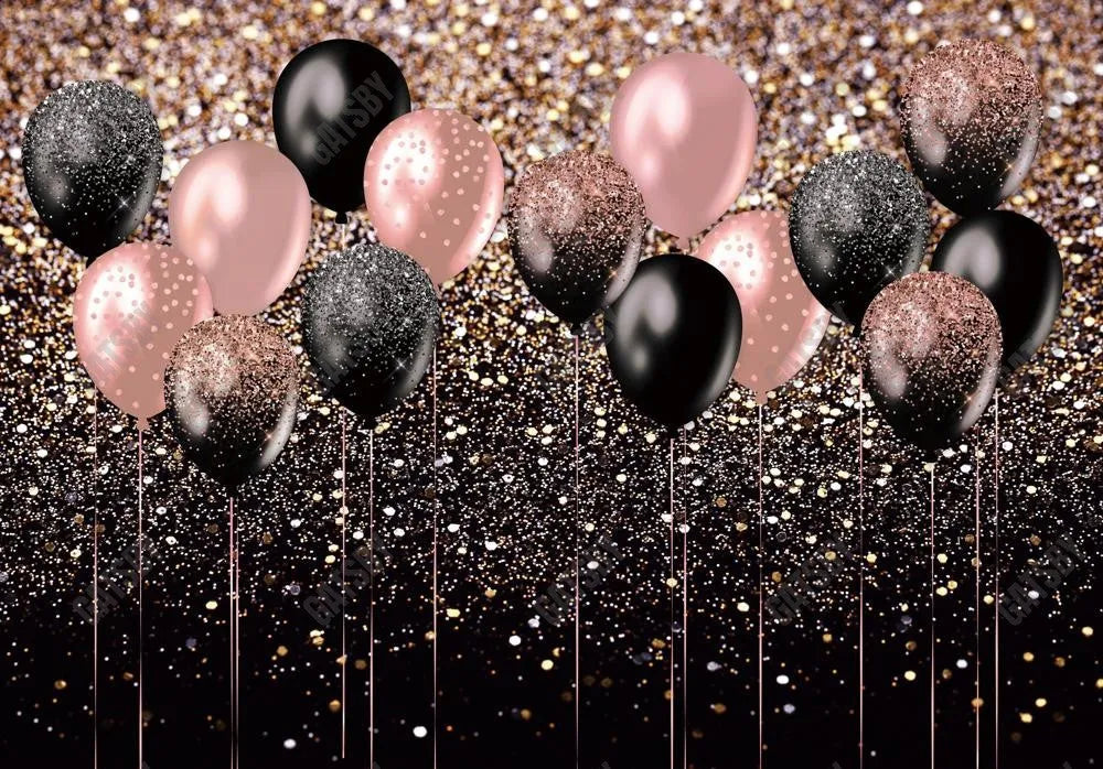Rose Gold and Black Balloons Party Backdrop - Gatsby Backdrop