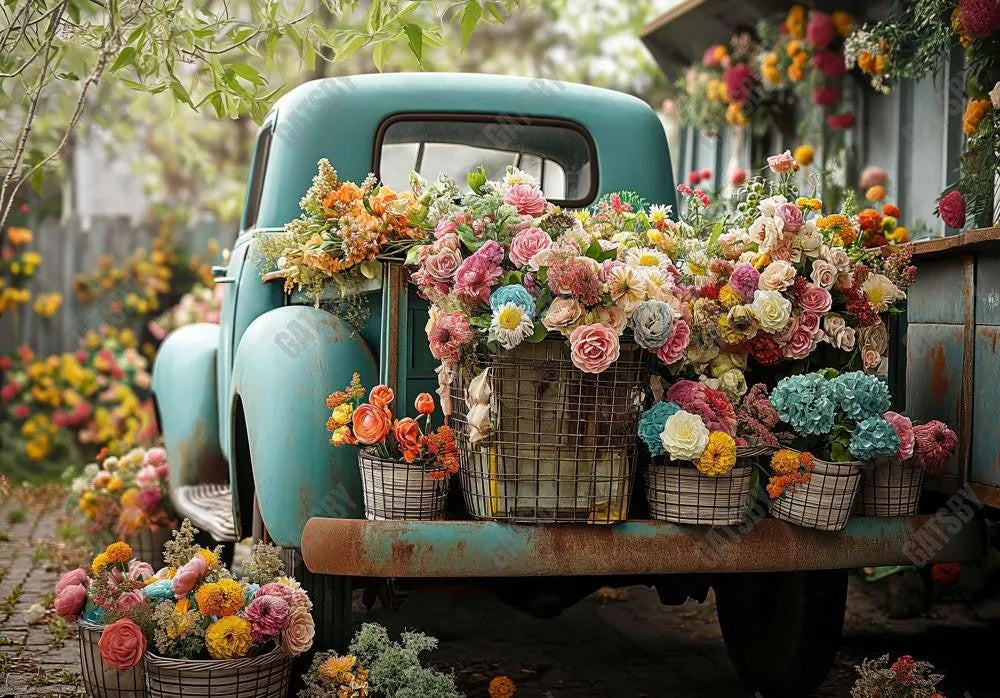Spring Outdoor Truck Flowers Backdrop - Gatsby Backdrop