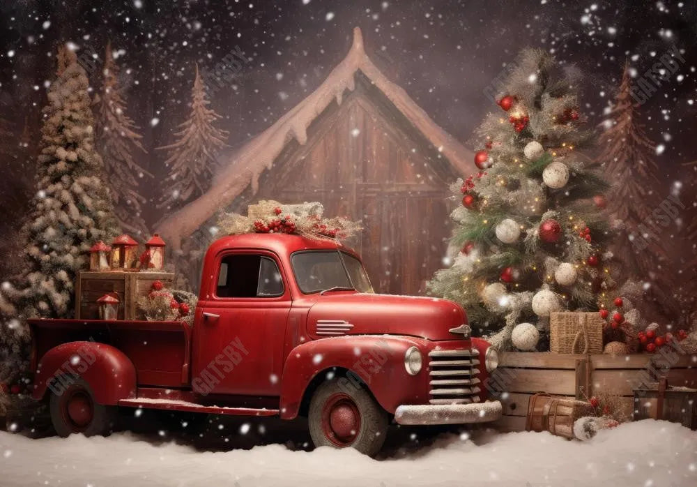 Vintage Christmas Barn Truck Backdrop - Gatsby Backdrop