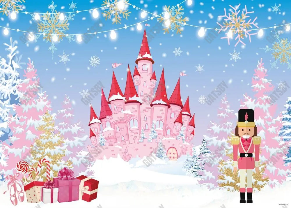 Winter Christmas Royal Pink Castle Bday Backdrop - Gatsby Backdrop