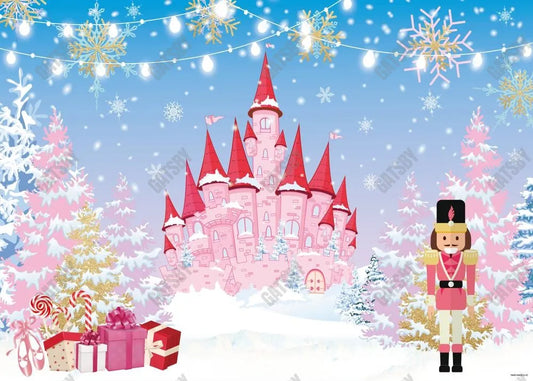Winter Christmas Royal Pink Castle Bday Backdrop - Gatsby Backdrop