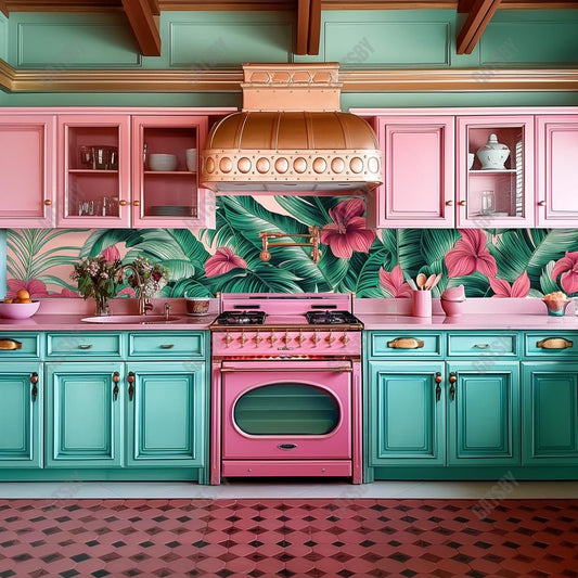 Gatsby Blue And Pink Tropical Kitchen Photography Backdrop Gbsx-00321