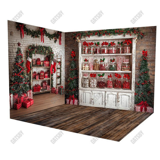 Gatsby Christmaswhite Cabinets Gifts Shelf Room Set Backdrop Gbsx-01074&Gbsx-01073&Ym8G-B0505