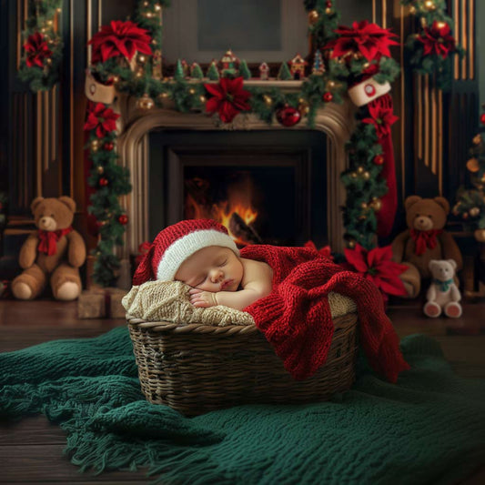 Beary Christmas Fireplace Photography Backdrop GBSX-99646