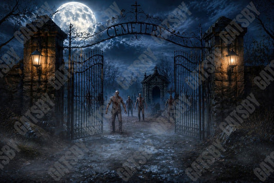 Creepy Zombie Cemetery Graveyard Night Photography Backdrop GB_01300