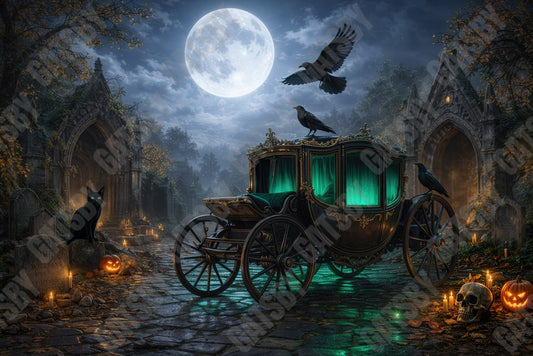 Gatsby Gothic Halloween Carriage Moonlight Cemetery Photography Backdrop GB_01301