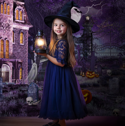 Gatsby Purple Halloween Night Cemetery Photography Backdrop GBSX-00163