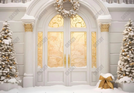 Winter Christmas White Door Yard Backdrop