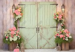 Spring Green Barn Door Flowers Photography Backdrop