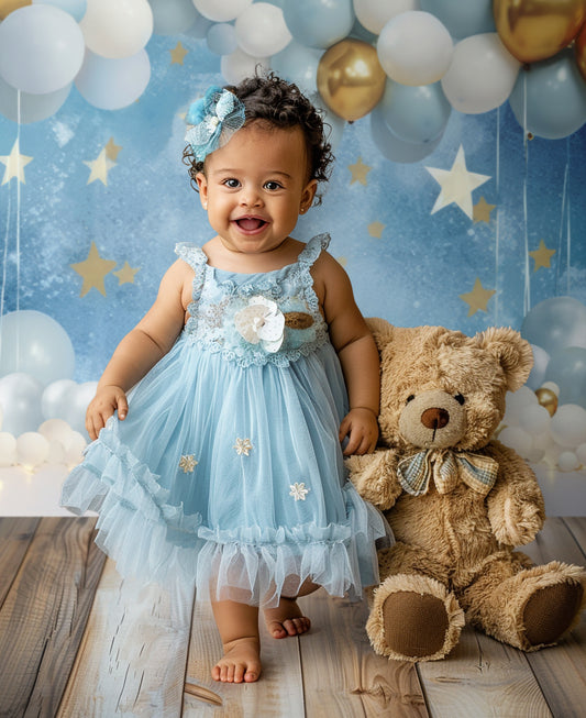 Blue White Gold Balloons Birthday Backdrop