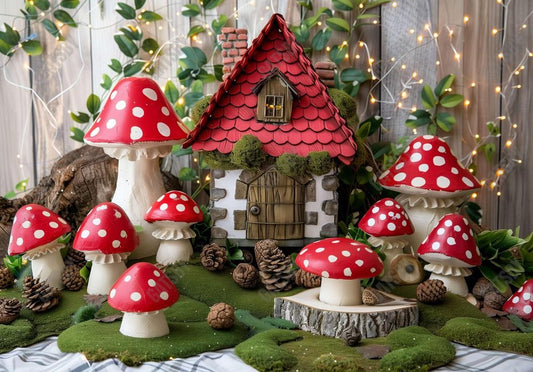 Little Red Forest House Mushrooms Backdrop
