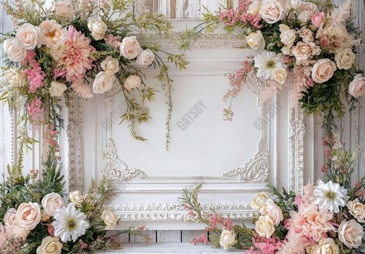 White Floral Vintage Wall Frame Backdrop