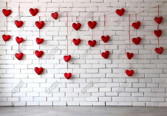 Red Hearts White Brick Wall Backdrop