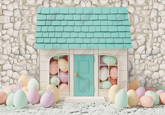 Minty Easter Eggs Bunny Cabin Backdrop