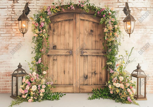 Barn Wooden Door Flowers Backdrop