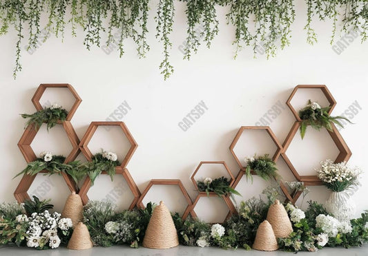 Wood Hexagon White Flowers Backdrop