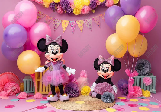 Pink Balloon Mouse Party Backdrop