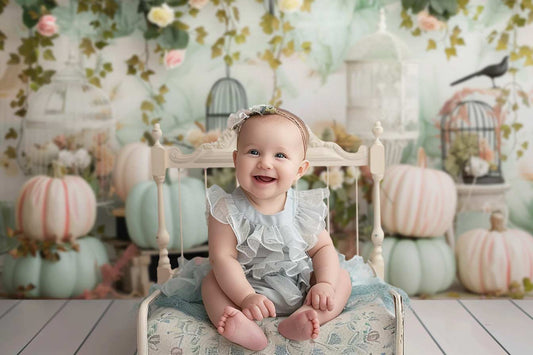 Pastel Green Pink Pumpkin Flowers Vine Backdrop