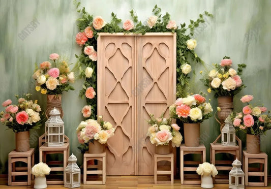 Spring Flower Wooden Door Photography Backdrop